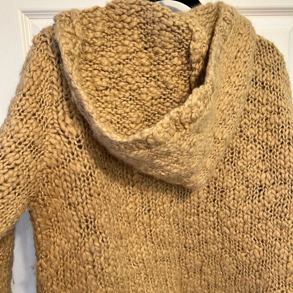 100% Wool Tan Hand Knit Hoodie Cardigan Large - Picture 6 of 6